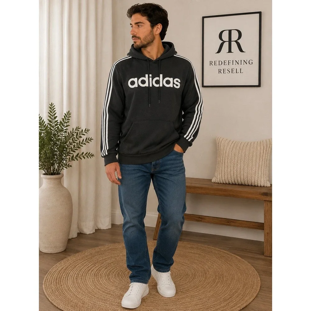 Adidas Mens Essentials 3-Stripe Linear Logo Fleece Hoodie Black Small